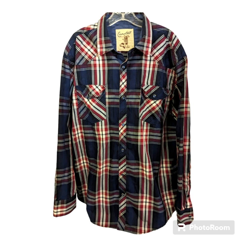 Coastal Clothing Men's XXL Navy Red Plaid Pearl Snap Long Sleeve Western Shirt